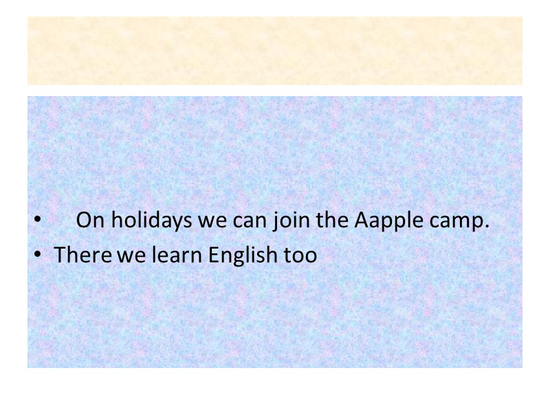 On holidays we can join the Aapple camp. There we learn English too